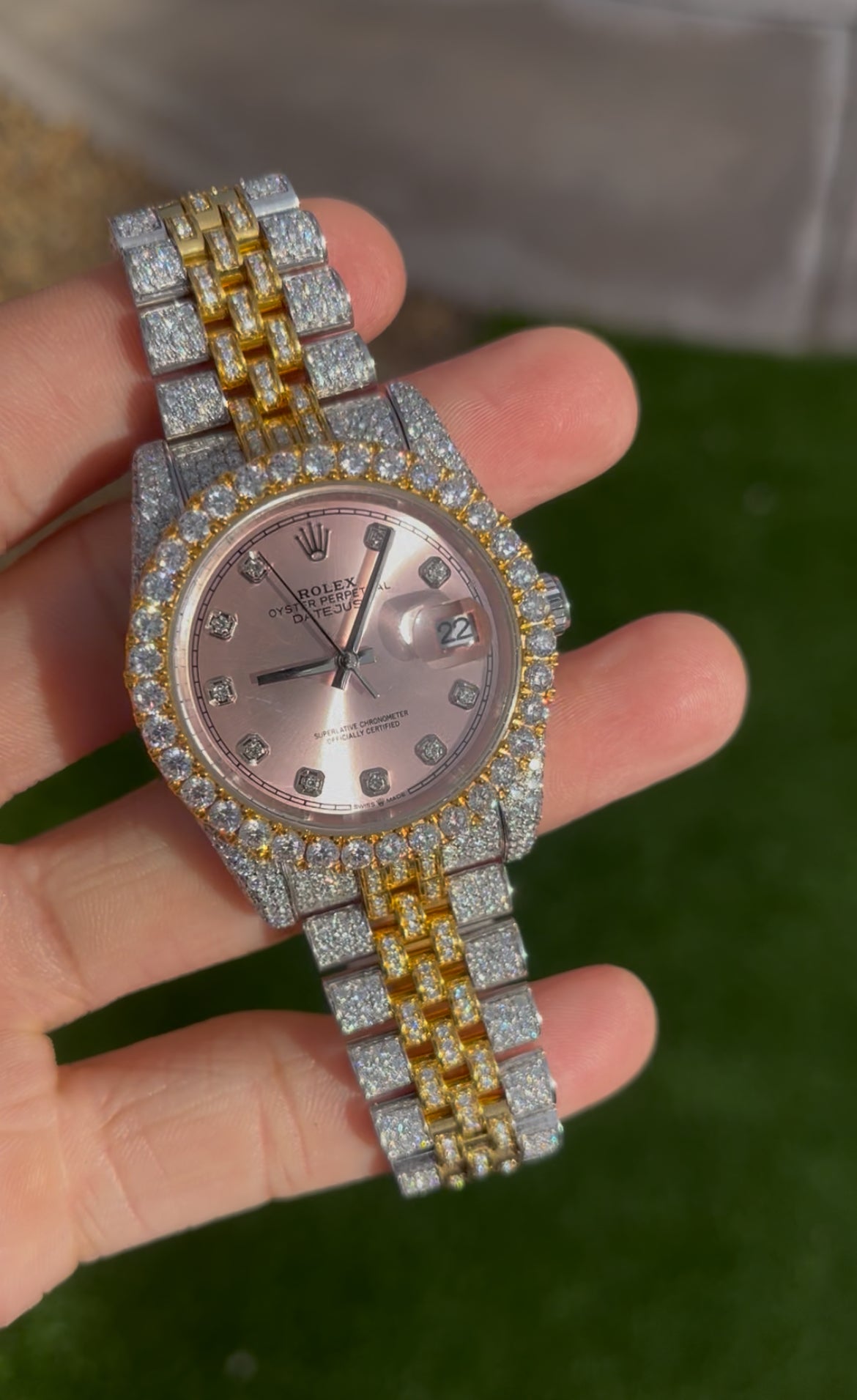Rolex DateJust — 36mm Pink Dial/ Stainless Steel (fully iced)